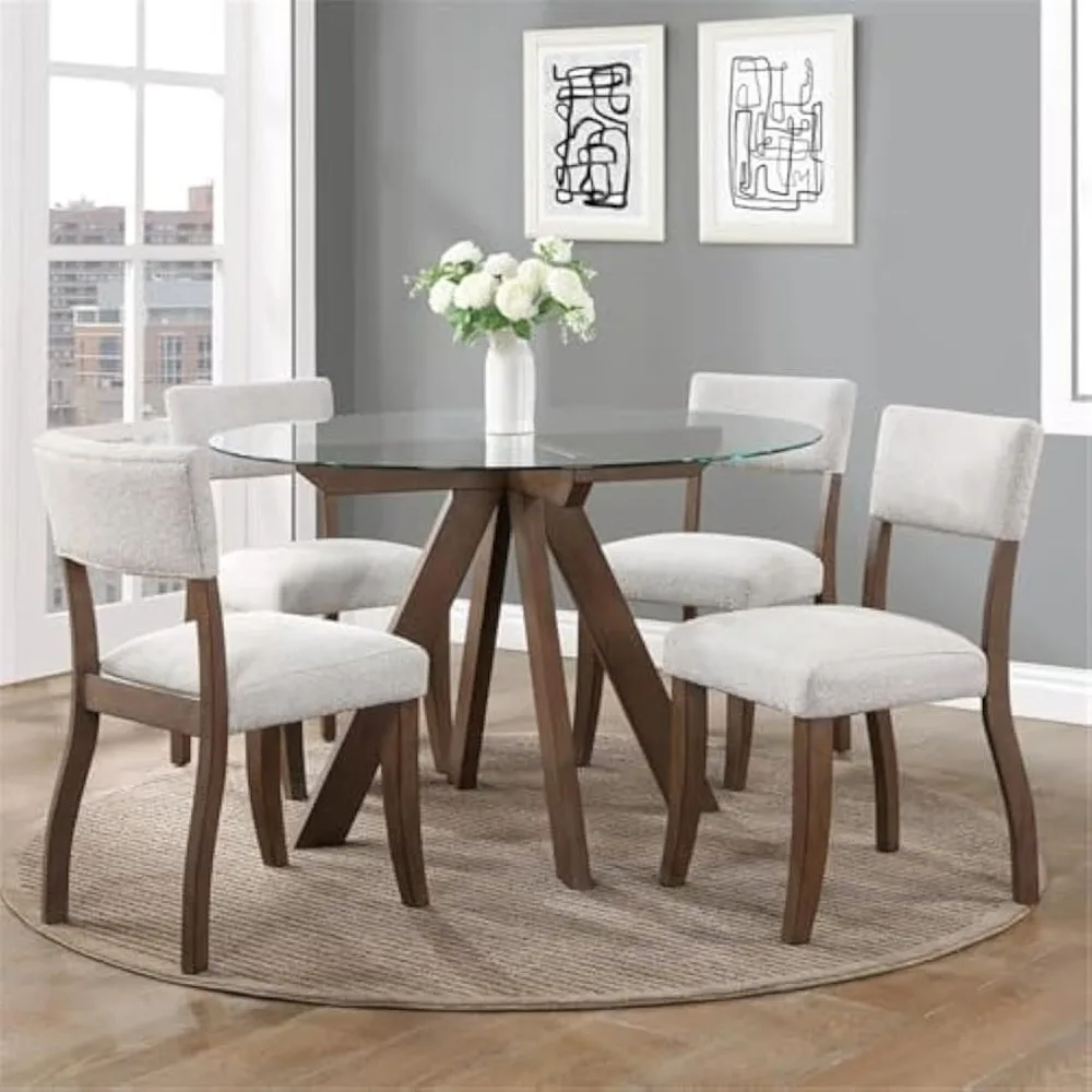 

Furniture Wade 5pc Dining Table Set, 48" Round Glass Tap Top w/ 4 White Upholstered Side Chairs, 10mm Tempered Glass, Dining Ro