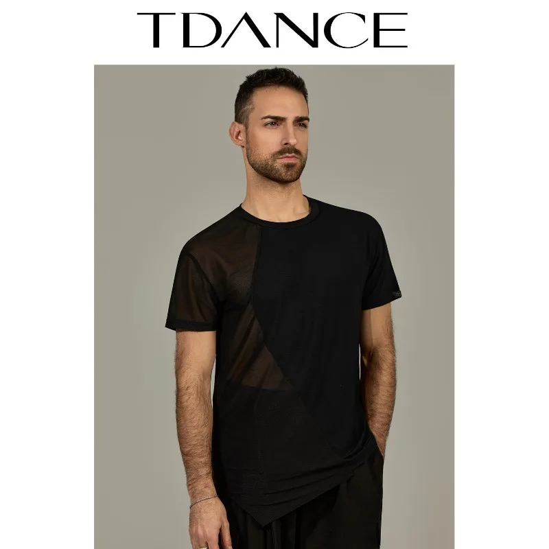 

Customized TDANCE Male Modern Latin [Splicing Short Sleeves with Different Materials] Adult Classroom Practice Wear Lightweight