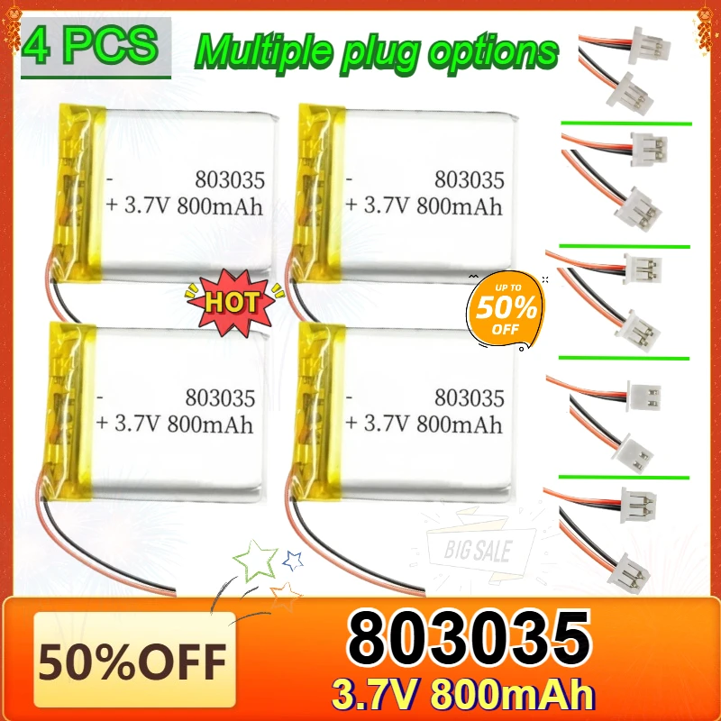 4PCS 803035 800mAh 3.7V Battery Rechargeable for MP3 GPS DVD Bluetooth Recorder Camera Small Fan Led Light Smart Watch Massager