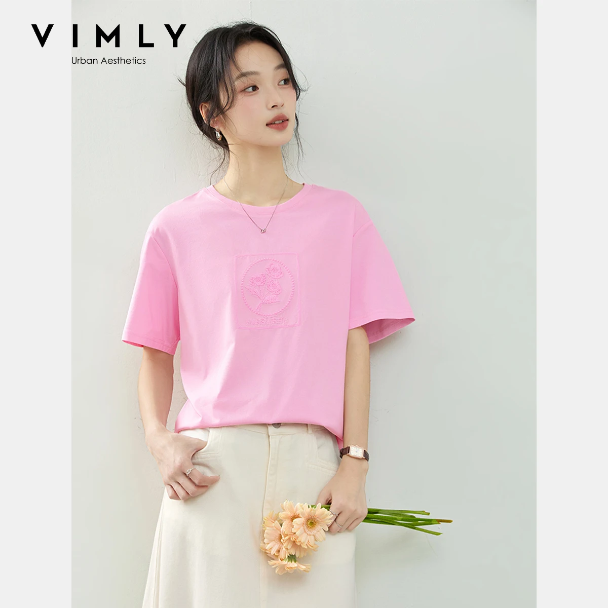 

VIMLY Pink Flower Embroidered Knitted T-shirt Women's 2025 Summer Casual Round Neck Loose Shoulder Woman Short Sleeve Tops A1227