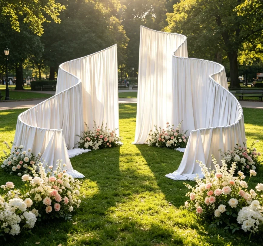 Luxuriöser Weißer Metall-Hochzeitsbogen für Outdoor-Zeremonien, Wiederverwendbarer Hintergrundständer für Vorhänge und Blumendekoration – Detail 9