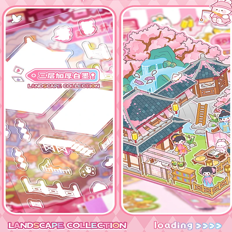 60 Pieces - 3D Cabin Scene Miniature Landscape Sticker Set, Handmade DIY Collage, Rich Scene, Can Be Repeatedly Torn Off
