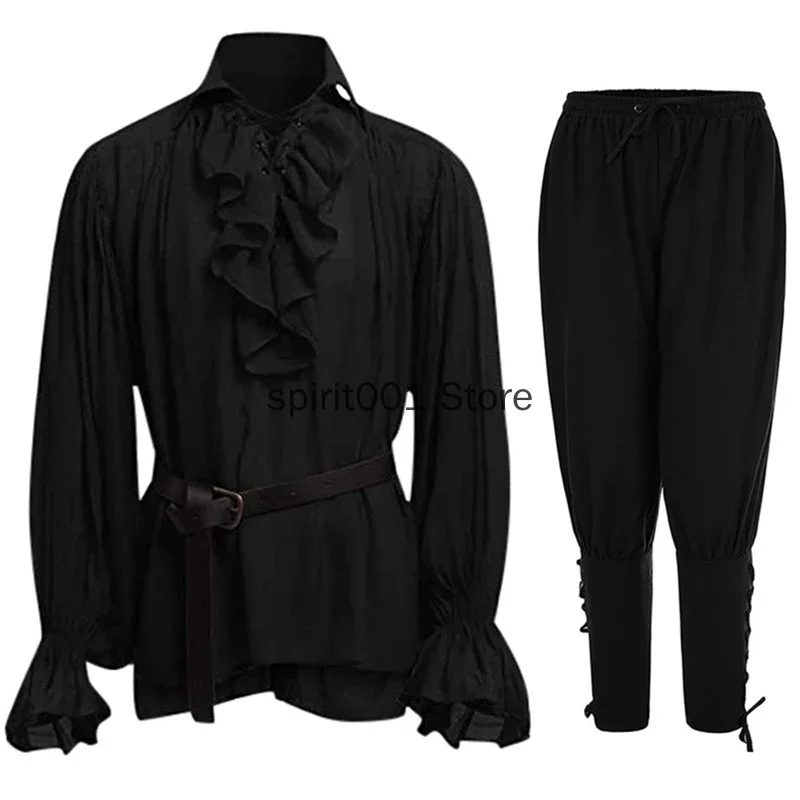 Medieval Men Shirts Ruffled Gothic Steampunk Victorian Pirate Cosplay Costume Mens Tops Pants Lacing Up Shirt Larp Vintage