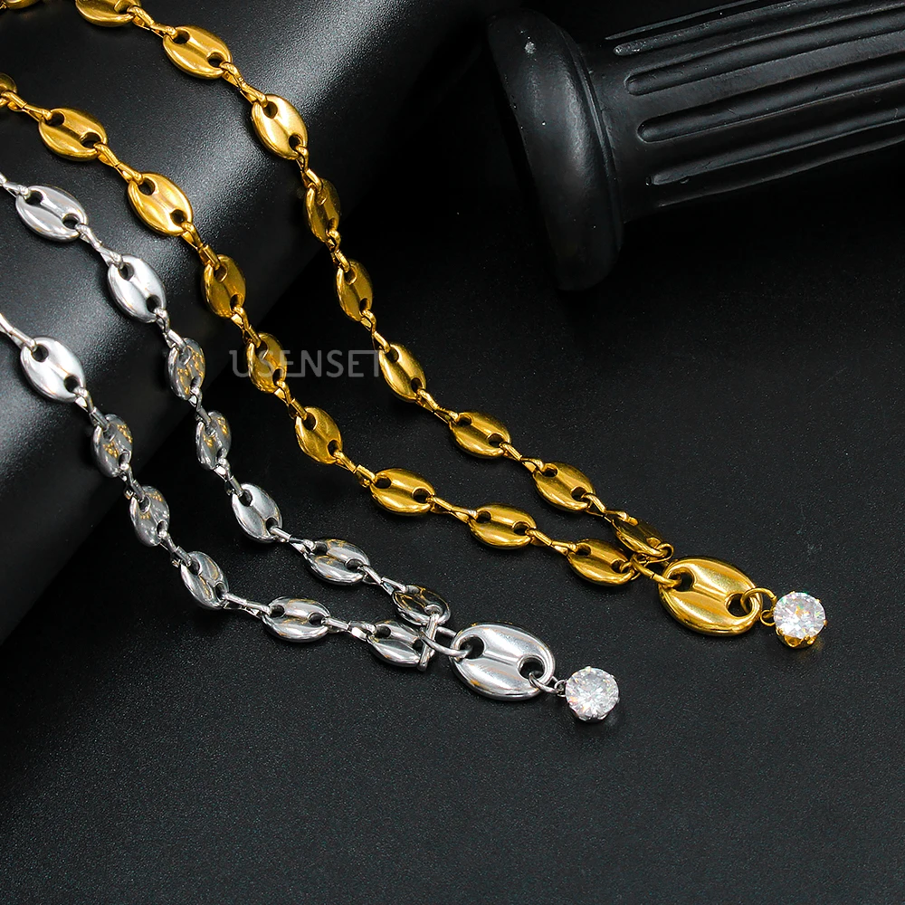 USENSET Stainless Steel Coffee Bean Pig Nose Necklace Earring for Women Shiny Gold Color Zircon Pendant Cute Jewelry Set