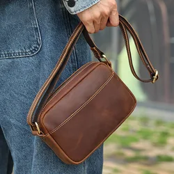 Çılgın at hakiki deri erkek omuzdan askili çanta Vintage askılı çanta cep telefonu basit askılı çanta adam kadın Mini CrossBody çanta