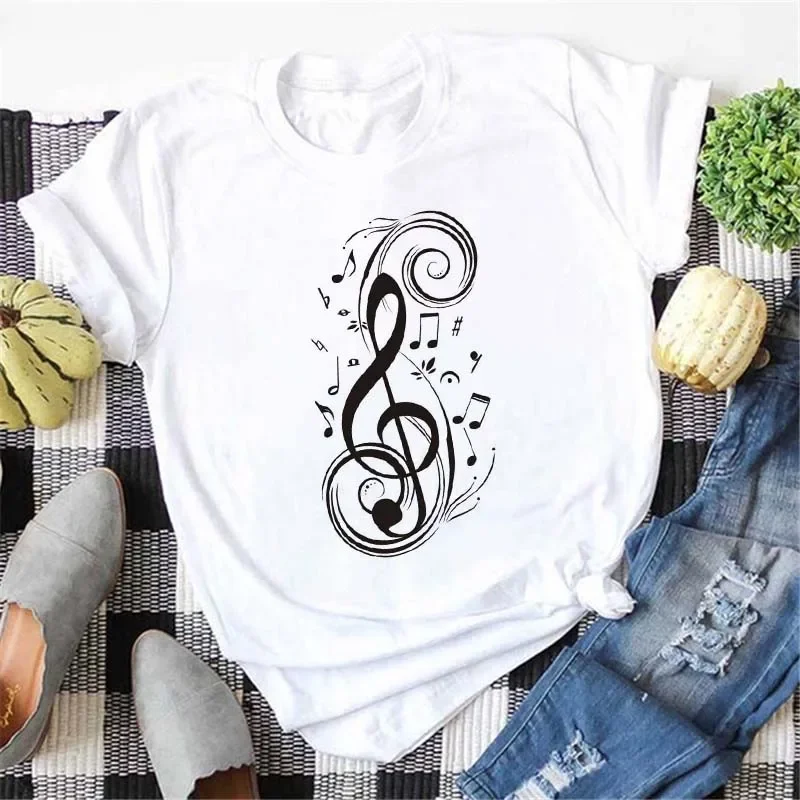 Women T Shirt Music Note Printed Tops Women New Black Maycaur Harajuku T-shirt Ladies Fashion Graphic Tees Female Tops T-shirts