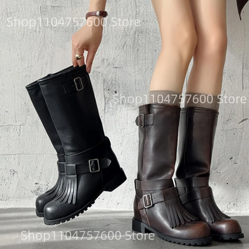 

Women's Leather Mid-Calf Boots with Tassel Belt Buckle Decoration Slip-On Round Toe Chunky Low Heel Retro Simple Ladies Botas