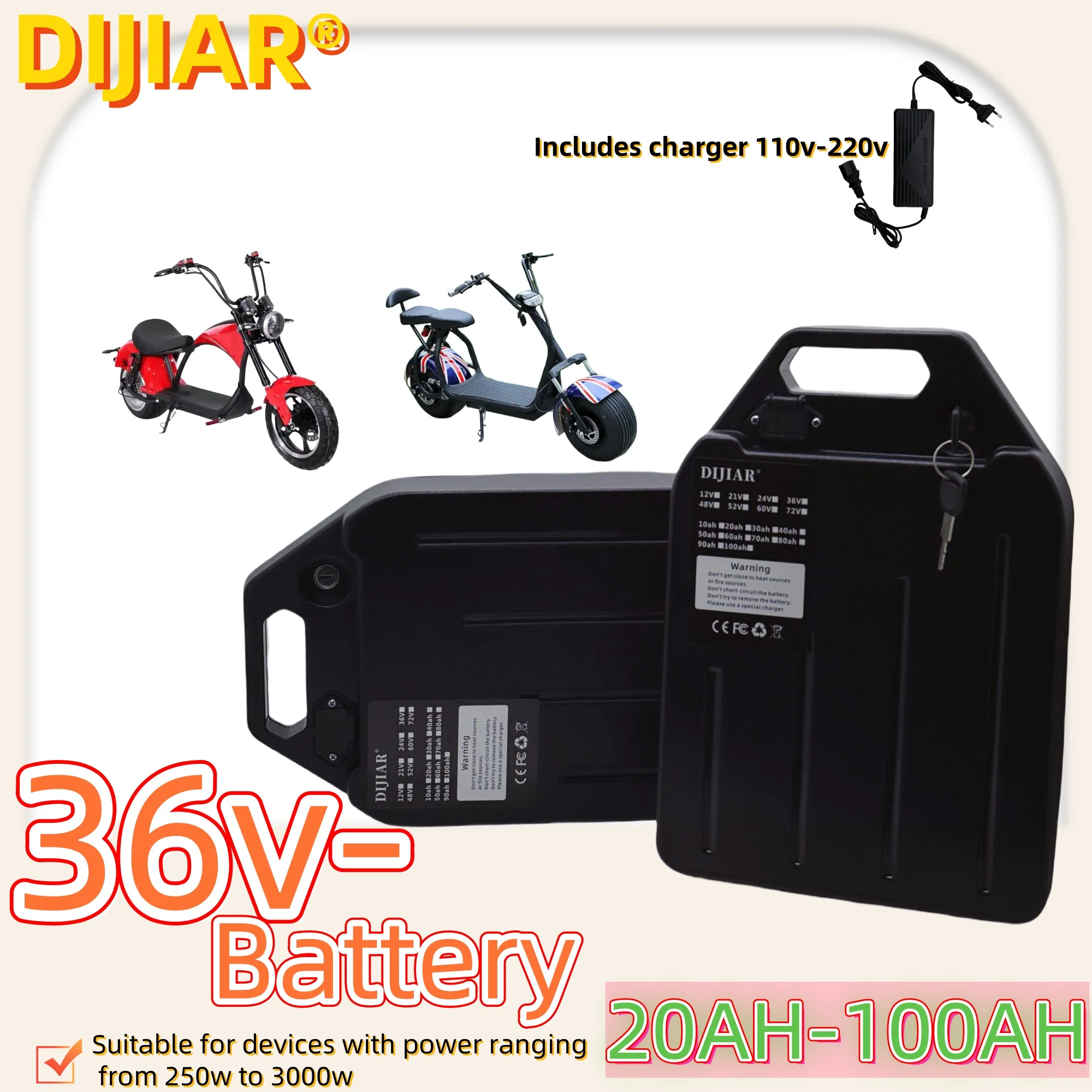 

36V DIJIAR Harley Electric Scooter 18650 Lithium ion Battery 20AH-100AH Application 500W~3000W Motor Power+BMS+Charger