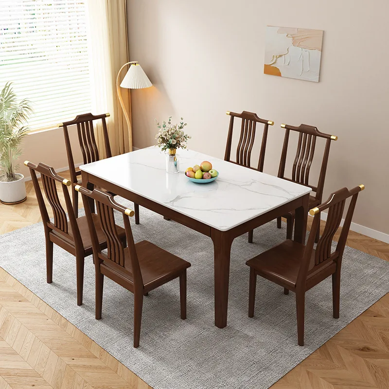 Slate all solid wood small apartment household living room marble rectangular dining table