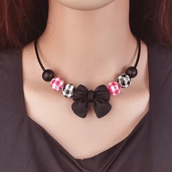 Plaid Printing Wood Beaded Resin Bow Pendants Bib Necklaces for women Vintage Statement Choker Necklace Jewelry Gifts