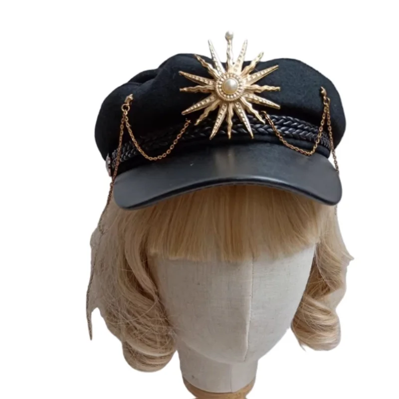 

Handmade Dark Army Style Hat JK Beret Autumn and Winter Duck Tongue Hat Cos Lolita Soft Girl Chain Octagonal Hat