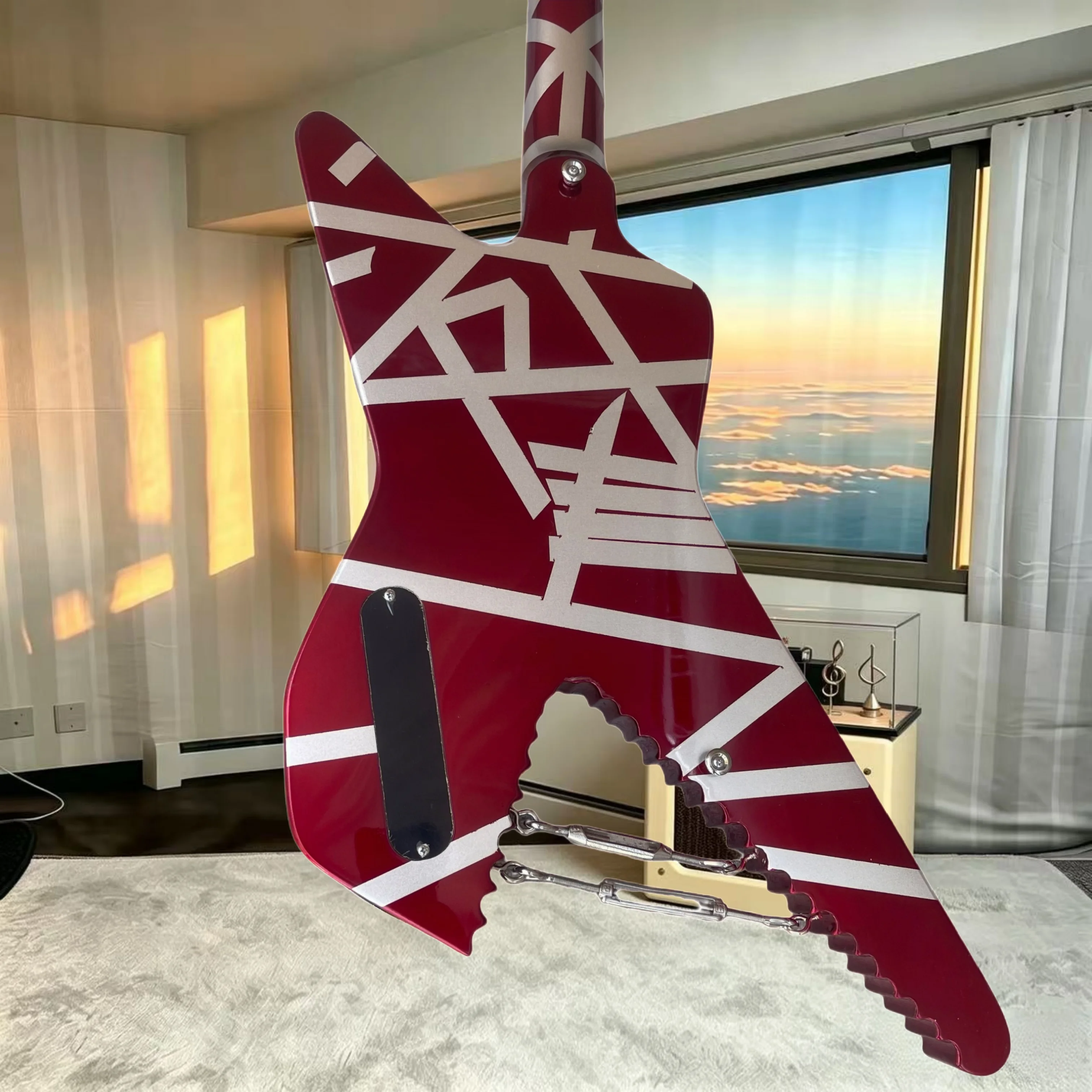 Axe‑Saw‑Blade Custom Electric Guitar, Red‑Base White‑Stripe Finish HH Pickups, Unique Heavy‑Metal Hard‑Rock Stage Guitar view 5