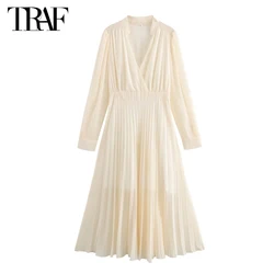 TRAF 2024 Pleated Midi Dress Women Fairy Ruched Long Dress Woman Summer Evening Dresses for Women Long Sleeve Party Women Dress