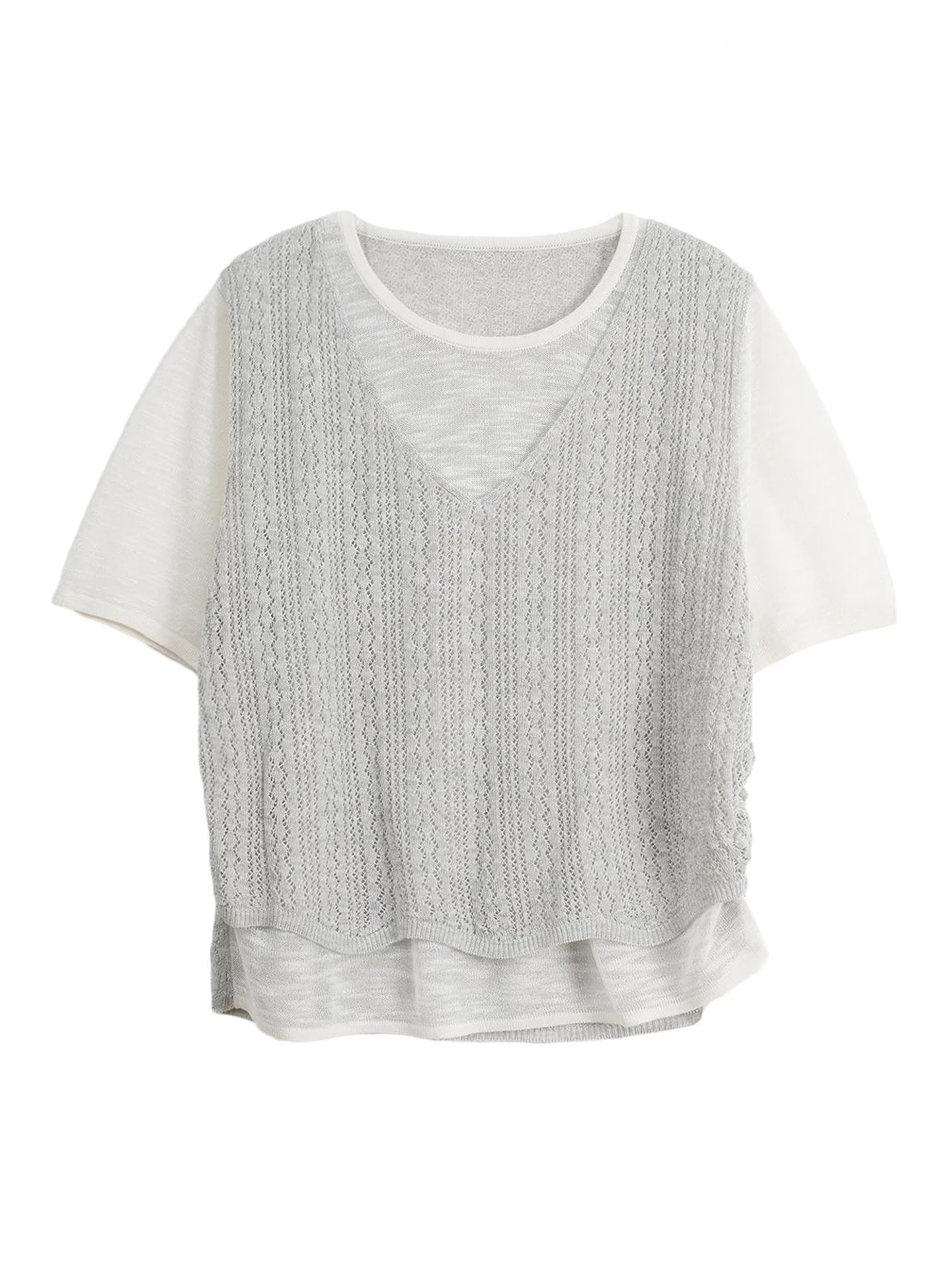 

Элегантный ажурный трикотажный топ для женщин: модный летний дышащий универсальный топ в корейском стиле из шелковой смеси с круглым вырезом