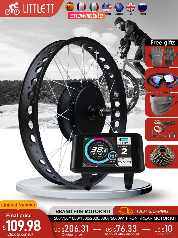 AliExpress LITTLE TT Electric Fat Bike Motor Kit 48V 72V 500W-5000W 4.0Tyre Brushless Hub Motor Wheel for Snow Ebike Conversion Kit 20in 24in 26in