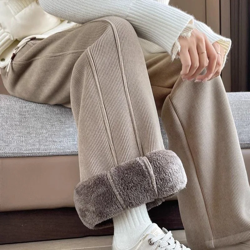 Winter-Schneehosen für Mädchen, warme, dicke Fleece-Hosen, Damen Retro Casual Einfarbige Hochgeschnittene Hosen, Koreanische Mode Thermohosen für Frauen