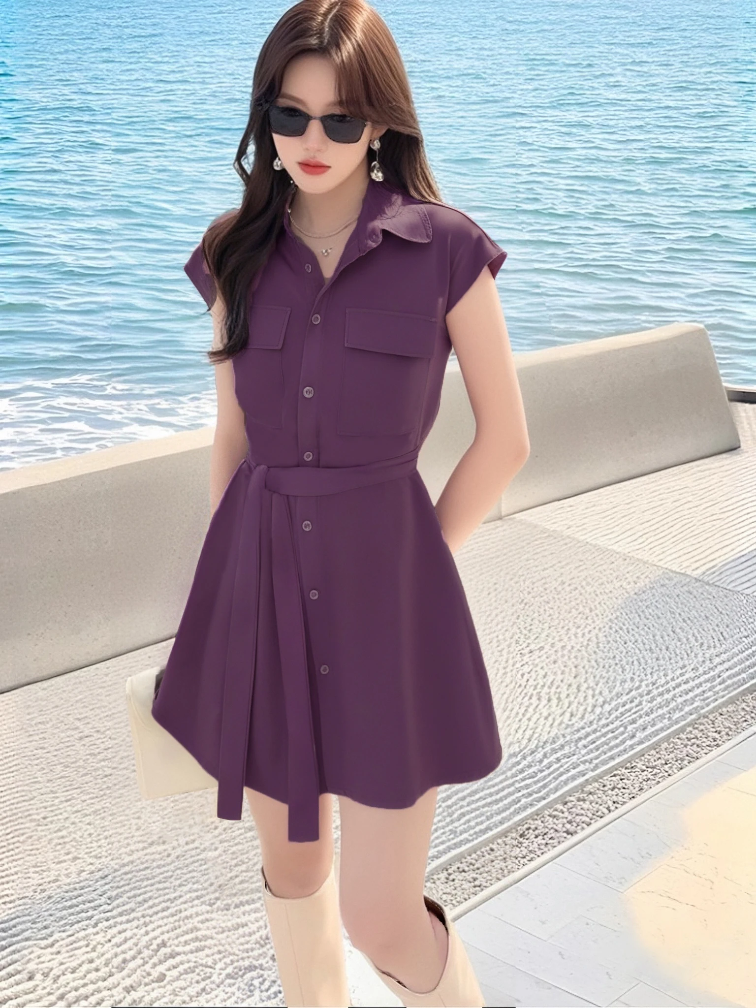 

Slimming Faionable Summer Outfit Two-Piece Set Women's Beautiful Waist-Cinching Skirt Long Sve V-Ne Polyester Fiber