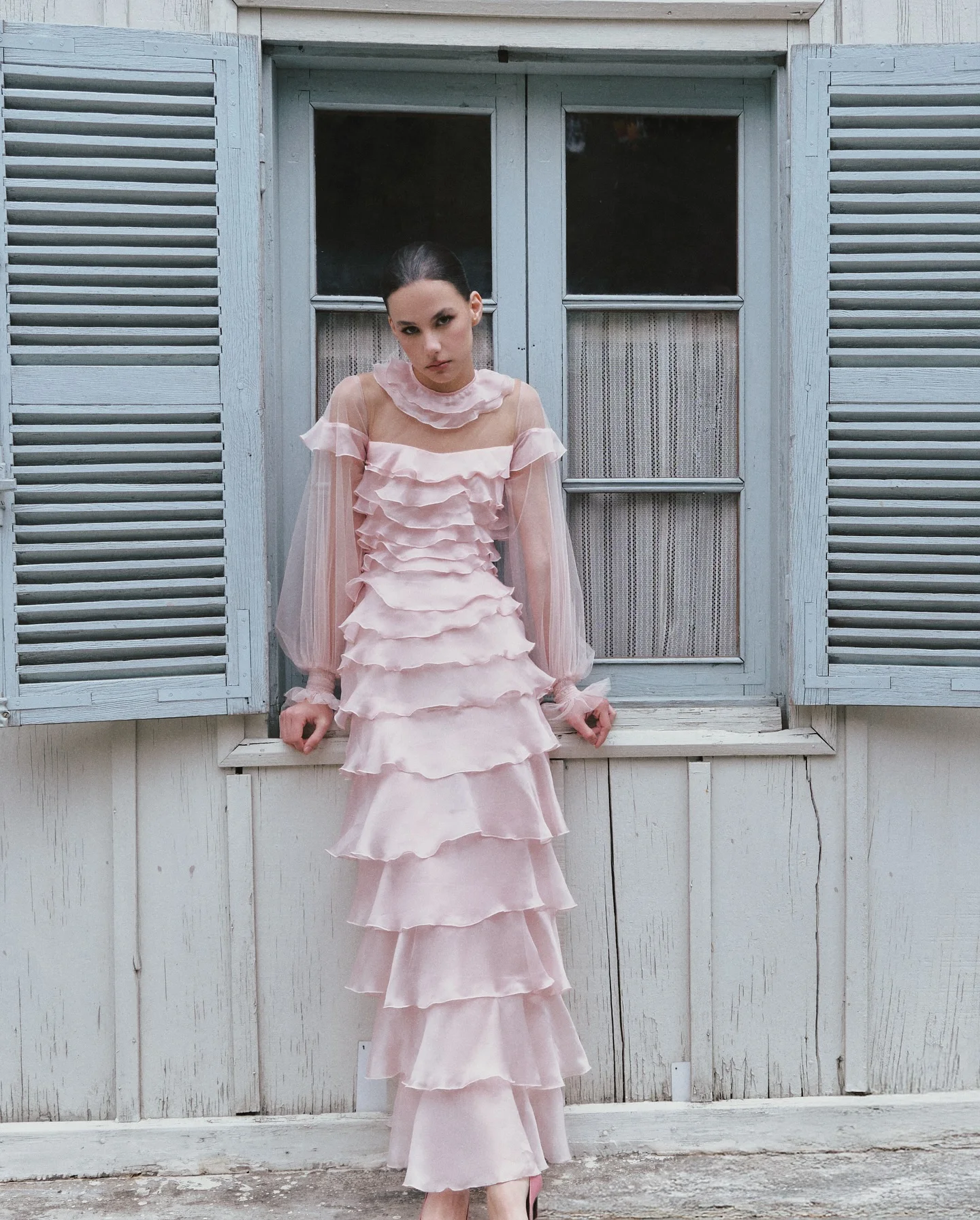 Pink Layered Ruffle Maxi Dress – High Neck, Sheer Chiffon Lace & Lantern Sleeve Flattering, Casual Lazy Style, Retro Versatile