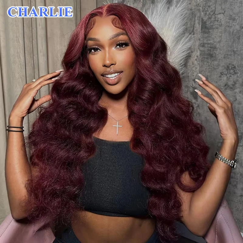 99J Burgundy Synthetic Wig Loose Wave Transparent Lace Front Wig Pre Plucked Curly 13X4Frontal Wig Dark Red  For Women Daily Use