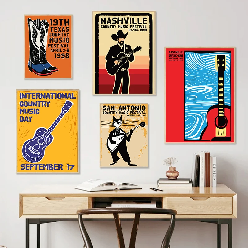 Country Music Poster Abstract Art Poster Guitar Denim Retro Canvas
