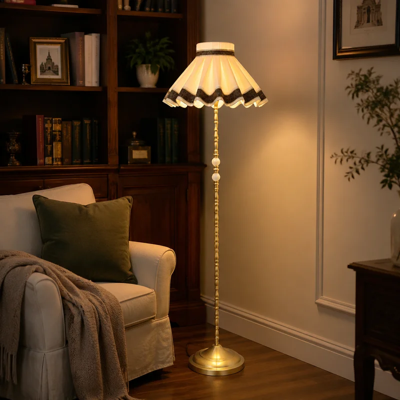 Vintage French Fabric Pleated Shade Scalloped Edge Gold Finish Standing Fixture For Living Room Bedroom Home Design Floor Lamp