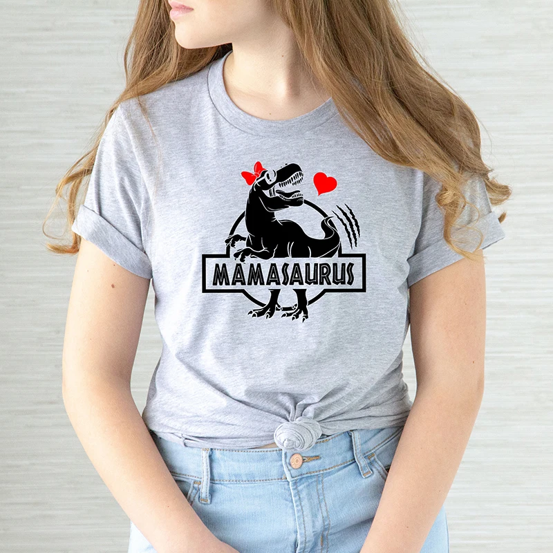 Mama Saurus Kawaii Dinosaur Women T Shirt Cotton Short Sleeve Graphic Tee Mom Life 80s Aesthetic Clothes Y2k Tops Dropshipping