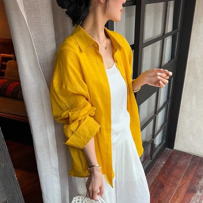 

Women's Bright Yellow Lightweight Sheer Oversized Long Sleeve Button Down Shirt for Summer