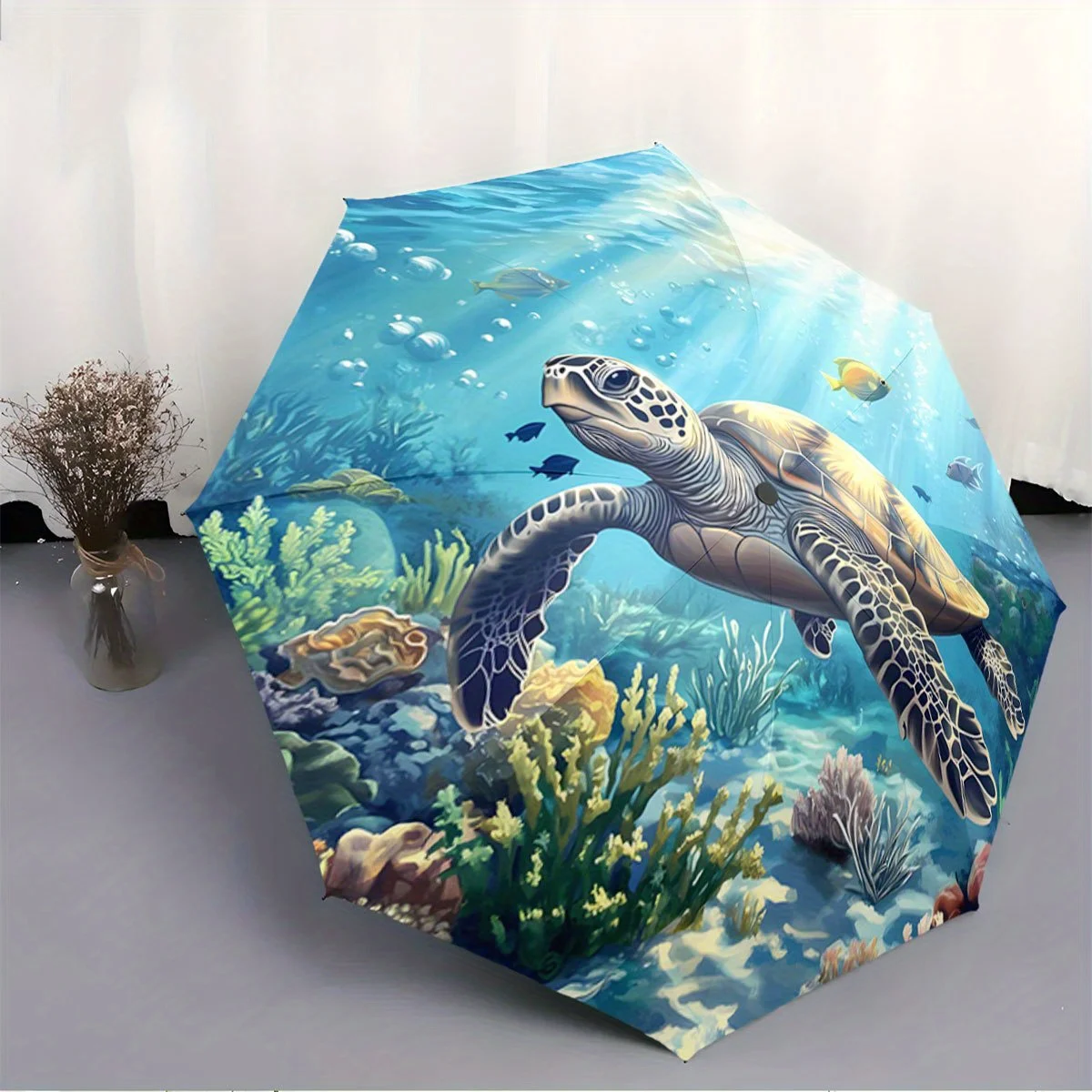 

Folding umbrella Sea Turtle Swimming in a Vibrant Coral Reef Creative portable folding umbrella, suitable for all holiday