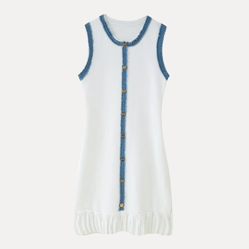 Primavera 2025 Mujer Faion redondo Ne empalmado Color borla Denim plisado tejido Dr Street Sle Svel poliéster