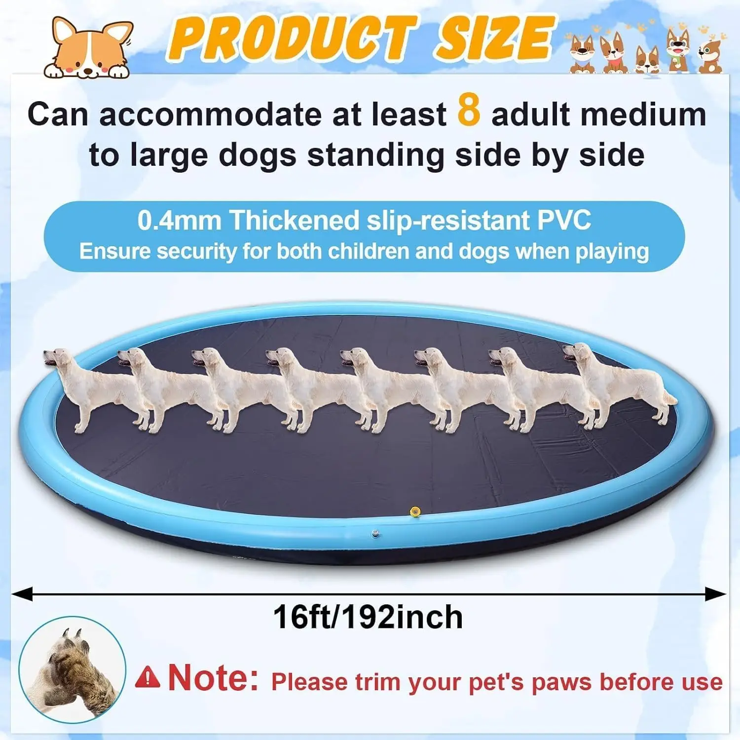 Dog Splash Pad PVC Material Large Size Non-Slip Summer Blue