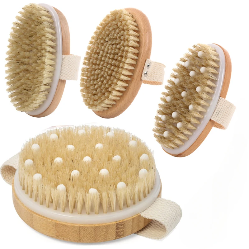 2 In 1 Dry Skin Body Massage Brush Natural Bristle Dead Skin Remover Anti Cellulite Exfoliates Blood Circulation Massage Tools