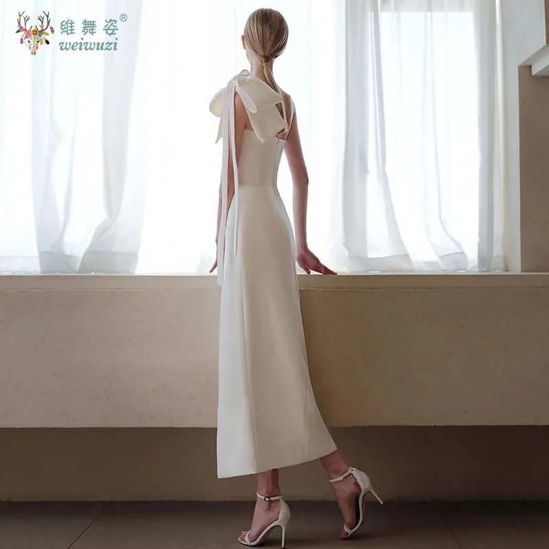 ホワイトブライダル婚約ドレスワンショルダーリボンストラップレスバックジッパーハイサイドスプリット宴会セレモニーボールイブニングドレス