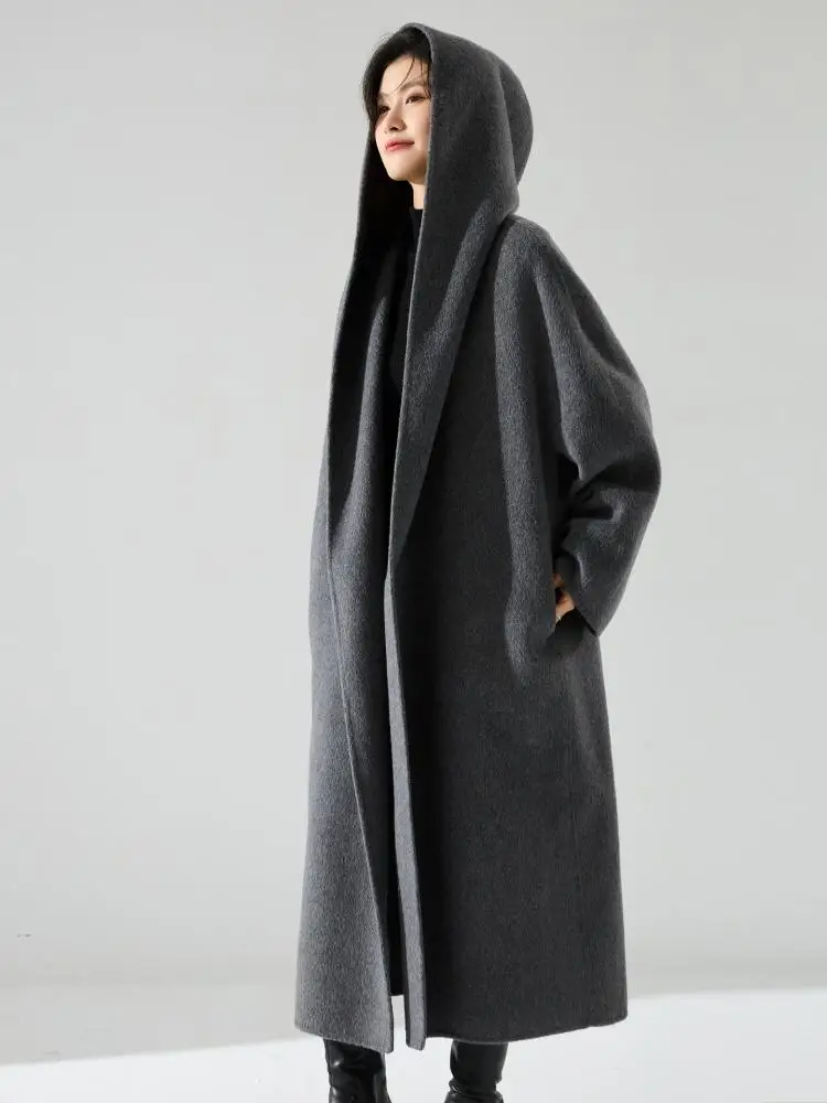 Office Lady Cashmere Woolen Jackets 2024 Autumn And Winter High-Grade Hooded Bathrobe Style Loose Lace-Up Long Women Wool Coats