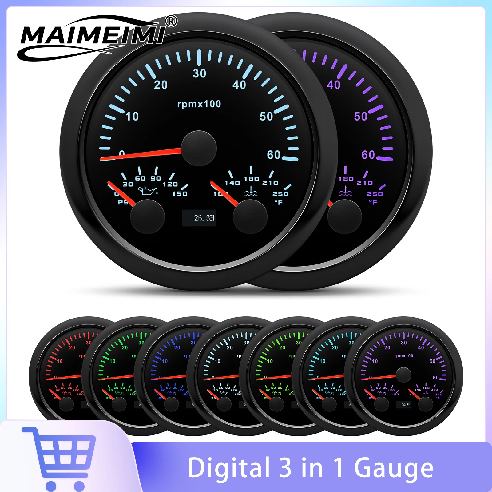 85mm 3 In 1 Gauge Tachometer Oil Press Water Temp Voltage With 7 Color LED Backlight Waterproof For Marine Boat Car 12V 24V