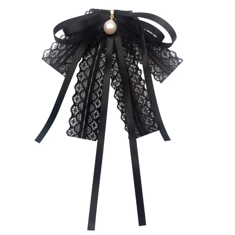 Women Girls Black Lace Ribbon Bow Tie Faux Pearl Pendant Brooch Pin Necklace Uniform Shirt Blouse Pre-Tied Jabot Collar 449B