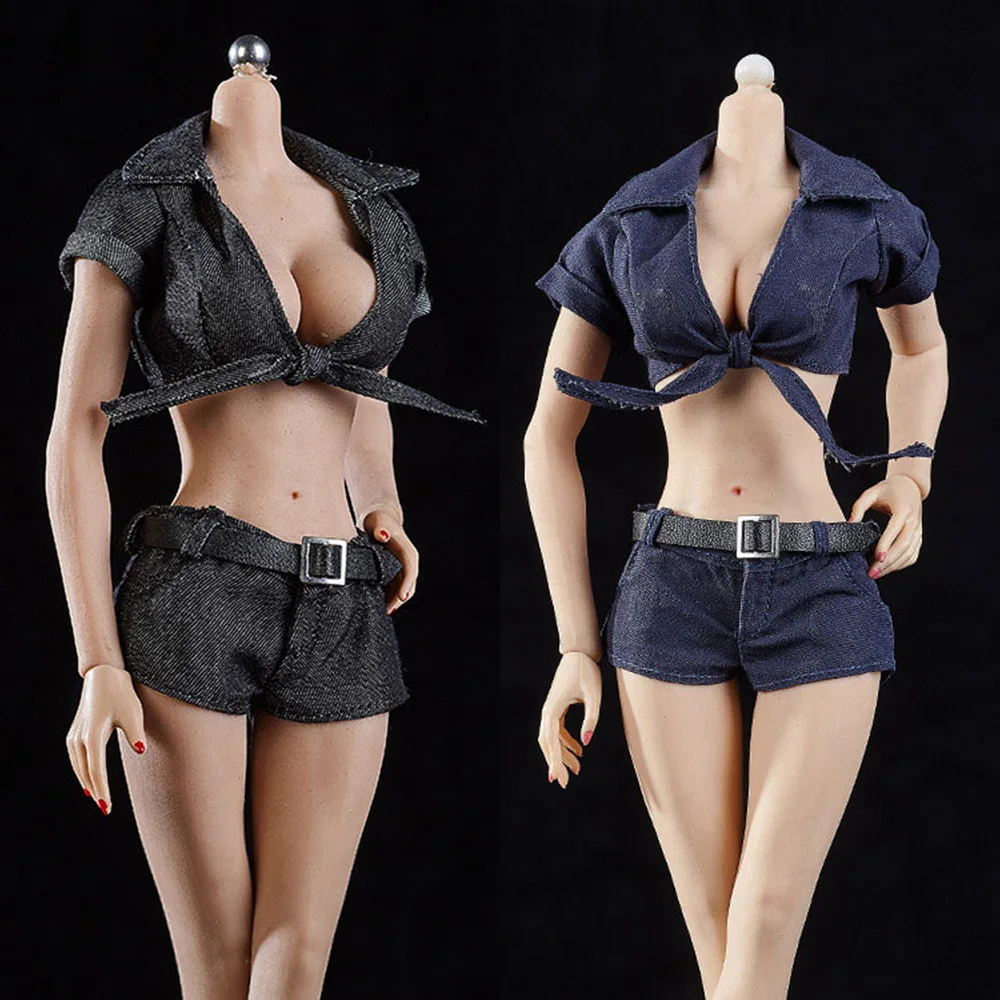 1/6 Scale Female Cool Set Sexy Low-cut T-shirt Lace Up Top Shorts Mini Clothes for 12in Action Figure Body Model