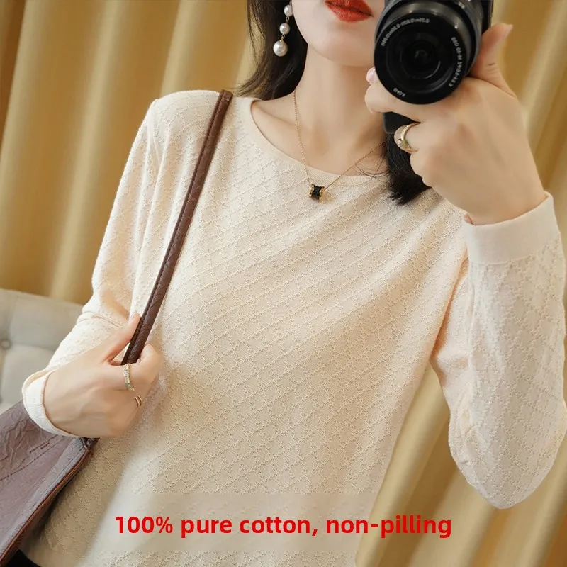 Camiseta de manga larga 100% algodón puro con cuello redondo para mujer, camiseta básica holgada estilo coreano, top interior de algodón y lino