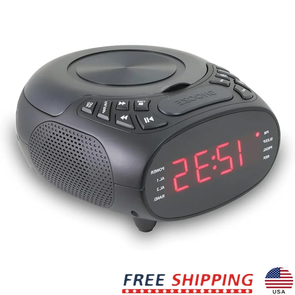 

Dual Alarm CD Clock Radio FM Top Load Disc Player with 23 Memory Presets and 9 Inch Red LED Display Corded Electric