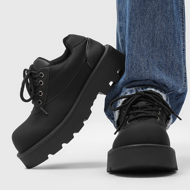 Black BigToeThick Soled Casual Men Shoes Retro Lace Up Gear Sole with Increased Height Exquisite Anti Slip Trendy Versatile Shoe