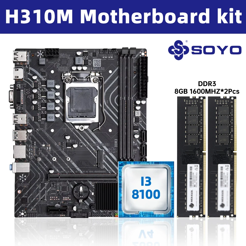 Placa base SOYO H310M DDR3, CPU i3 8100, 16G = 8G*2 RAM, Intel LGA1151, TPM2.0, Kit combinado para ordenador, Xeon, PC GAME, PCIE3.0*16, placa base