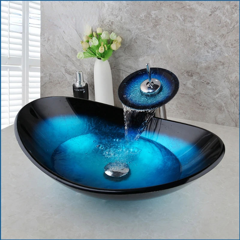 Bathroom Counter top Bowl Washroom Vessel Vanity Sink Mixer Blue Tempered Glass Basin Sink Washbasin Faucet Set