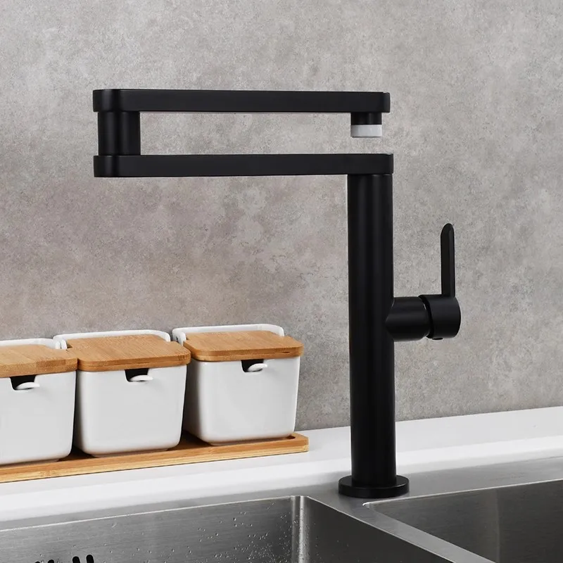 

Kitchen Sink Faucet Single Lever Hot and Cold Foldable Rotation Basin Mixer Brass Black Gold Brush Gold Finished Decked