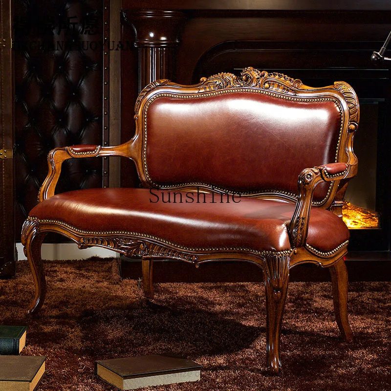 American solid wood retro old carved living room European light luxury sofa