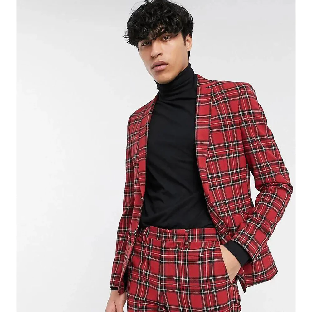 Hot Selling Red Striped Checkered Men\'s Suit Two-pieces(Jacket+Pants) Slim Fit Daily Fashion Male Clothing