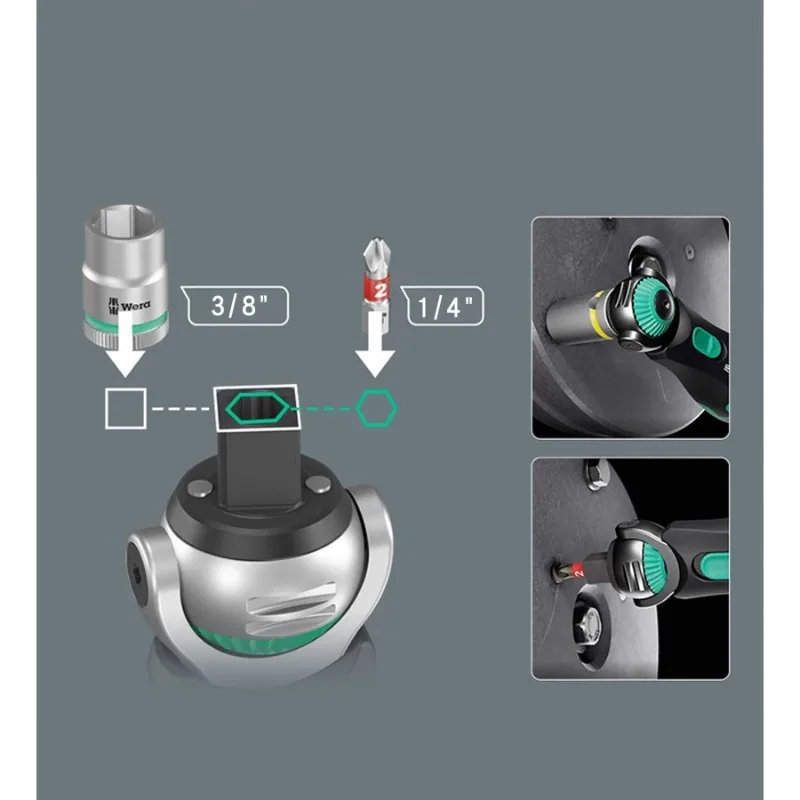 Набор трещоток Wera 05004281001 8009 Zyklop, 18 предметов, дюймовые, карманный, с поворотной головкой, многофункциональный для ремонта, черно-зеленый