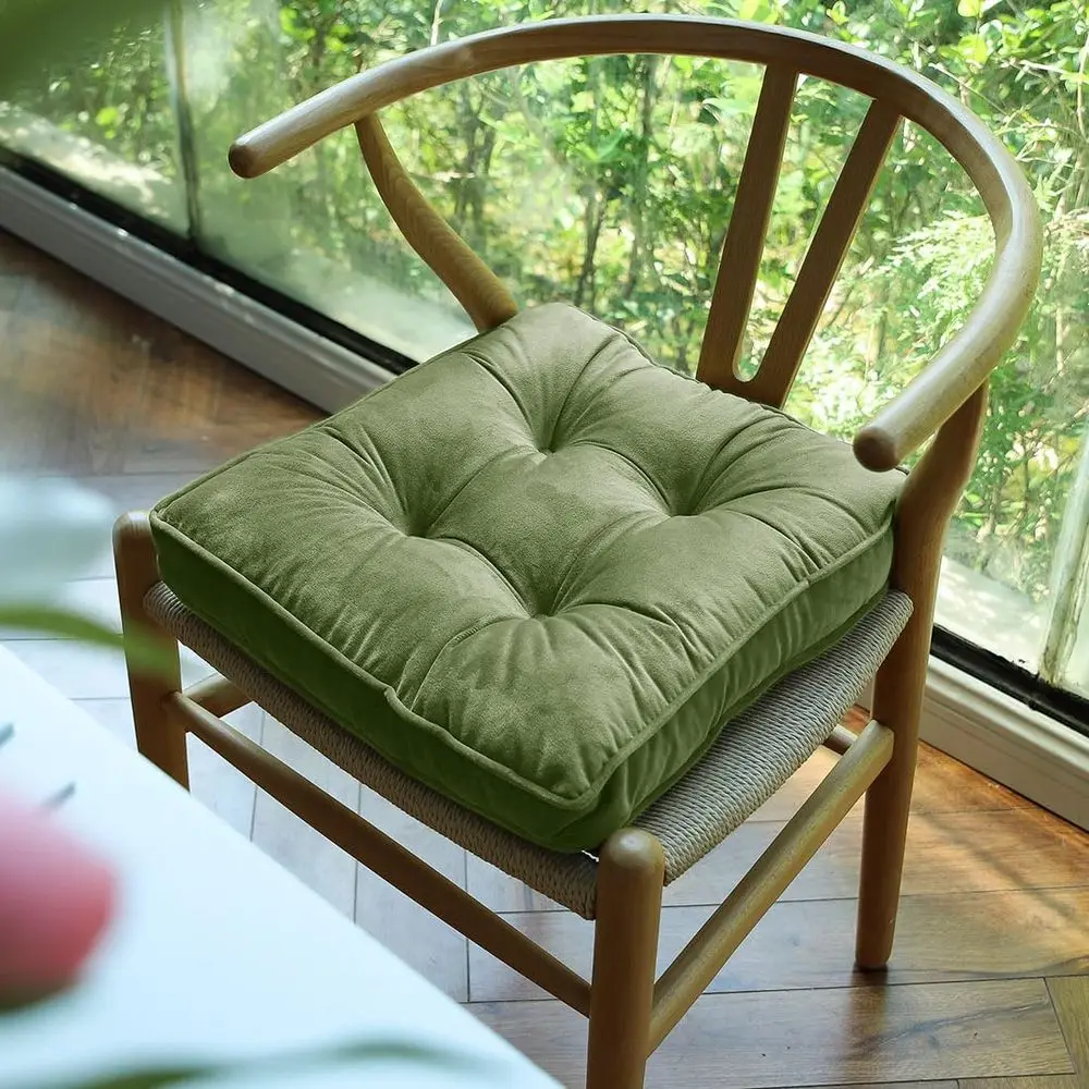 Velvet Chair Pads with Ties Comy Solid Seat Cushion Dining Chairs, Office Chairs, Hardwood (Grass Green, 16x16)