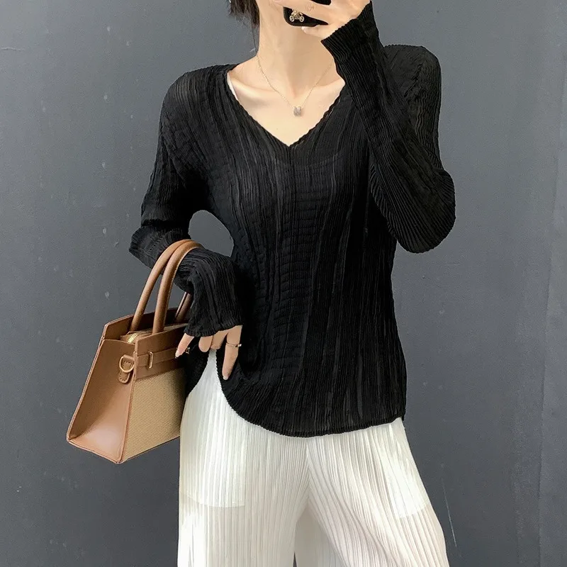 

Женская плиссированная футболка с длинными рукавами Miyake, осень 2022, новый плиссированный топ с базовым слоем, элегантная блузка, легкая облегающая женская одежда