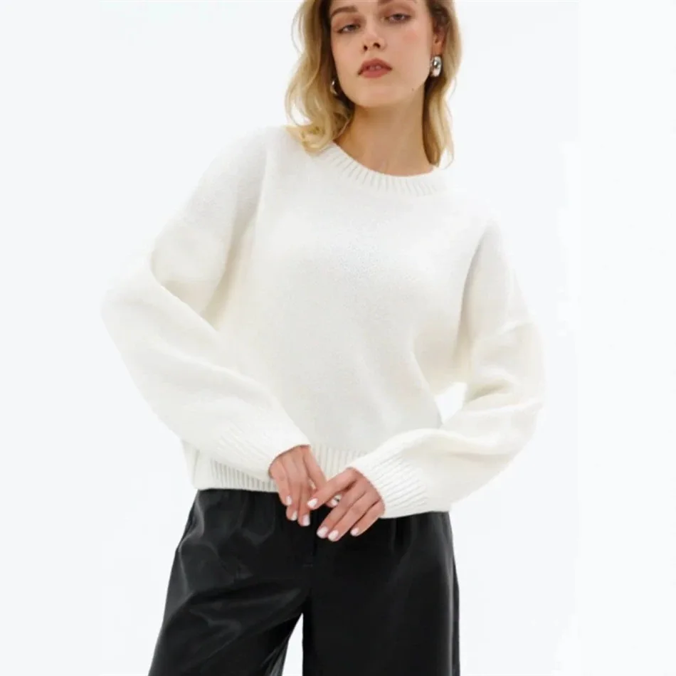 Women Solid Pink Ribbed Knit Sweater Crew Neck Drop Shoulder Long Sleeve Loose Casual Cropped Pullover