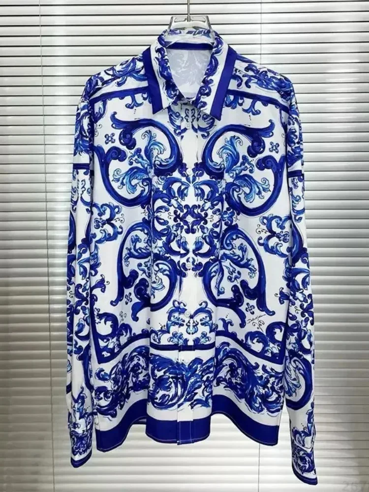 Men's Baroque retro patterned long sleeved shirt with rolled grass full print collar shirt, light luxury party casual men's top