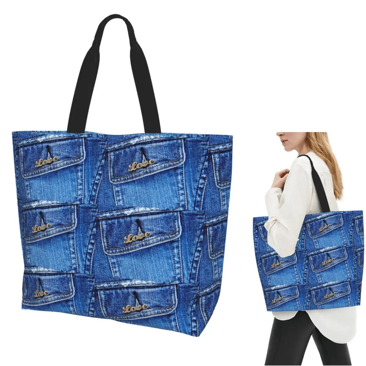Denim Pocket Love Shopping Tote Bag Canvas Large Capacity Shoulder Bags Shopper Grocery Handbag for Women